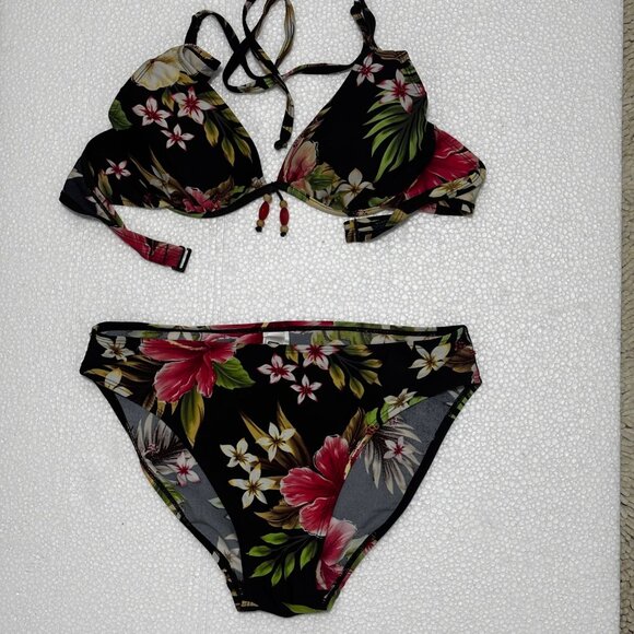 Christina Other - STRING BIKINI Sz Medium Black Tropical  Sparkly Bead Details